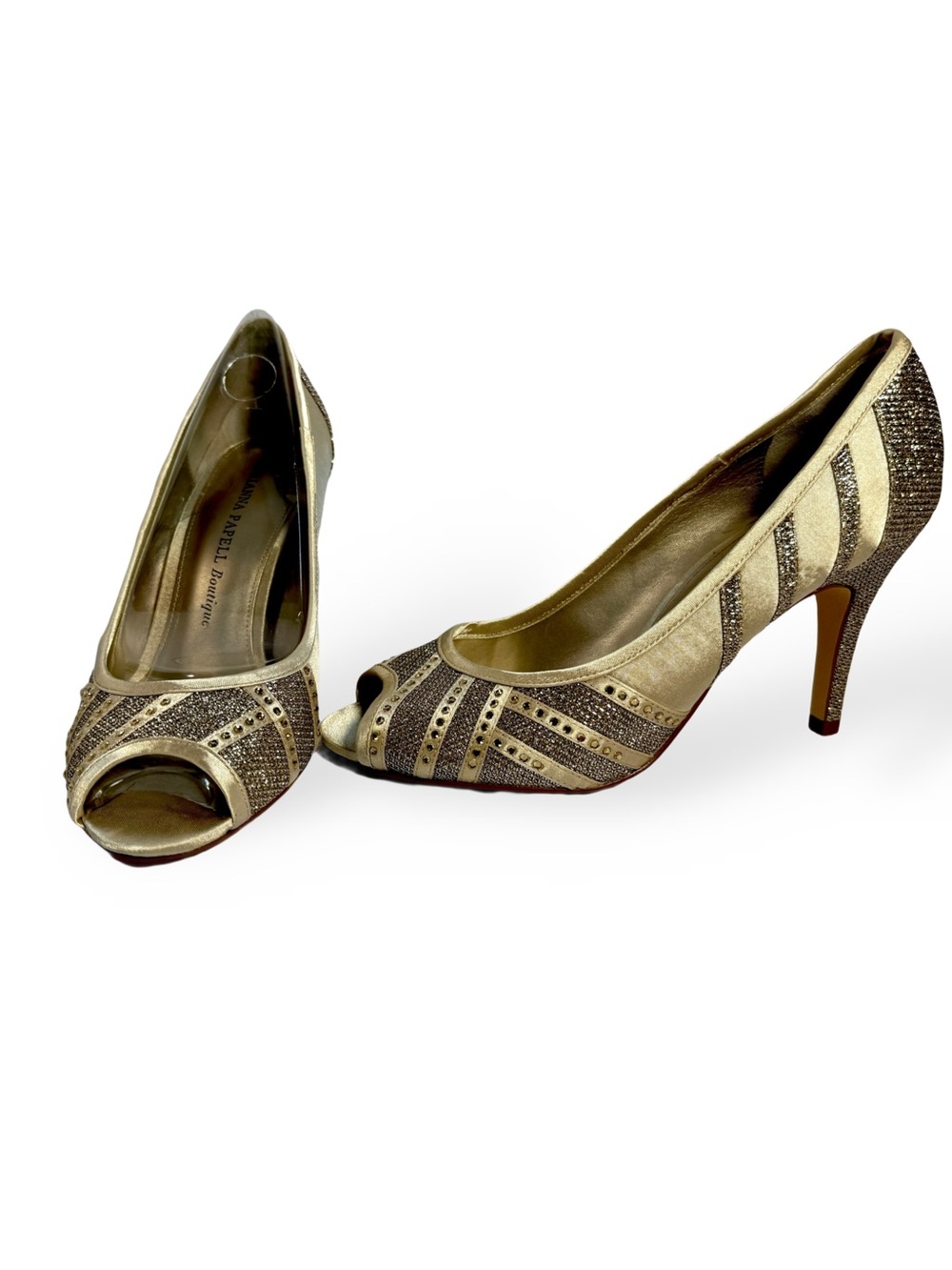 Papell Boutique Gold Peep-Toe High Heels with Sparkle Detail